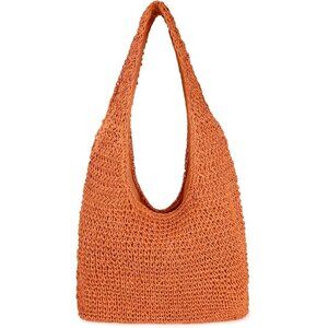 Women's Orange Large Straw Beach Bag Handmade Woven Shoulder Hobo Tote Handbag